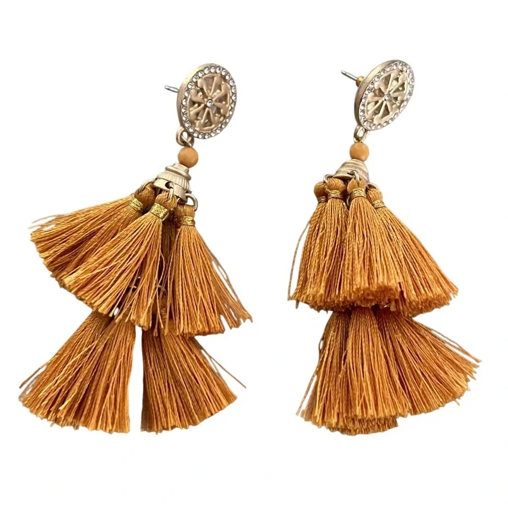 Unbranded‎ Tassel Drop Earrings Womens Mustard Yellow Boho Statement Fringe Stud